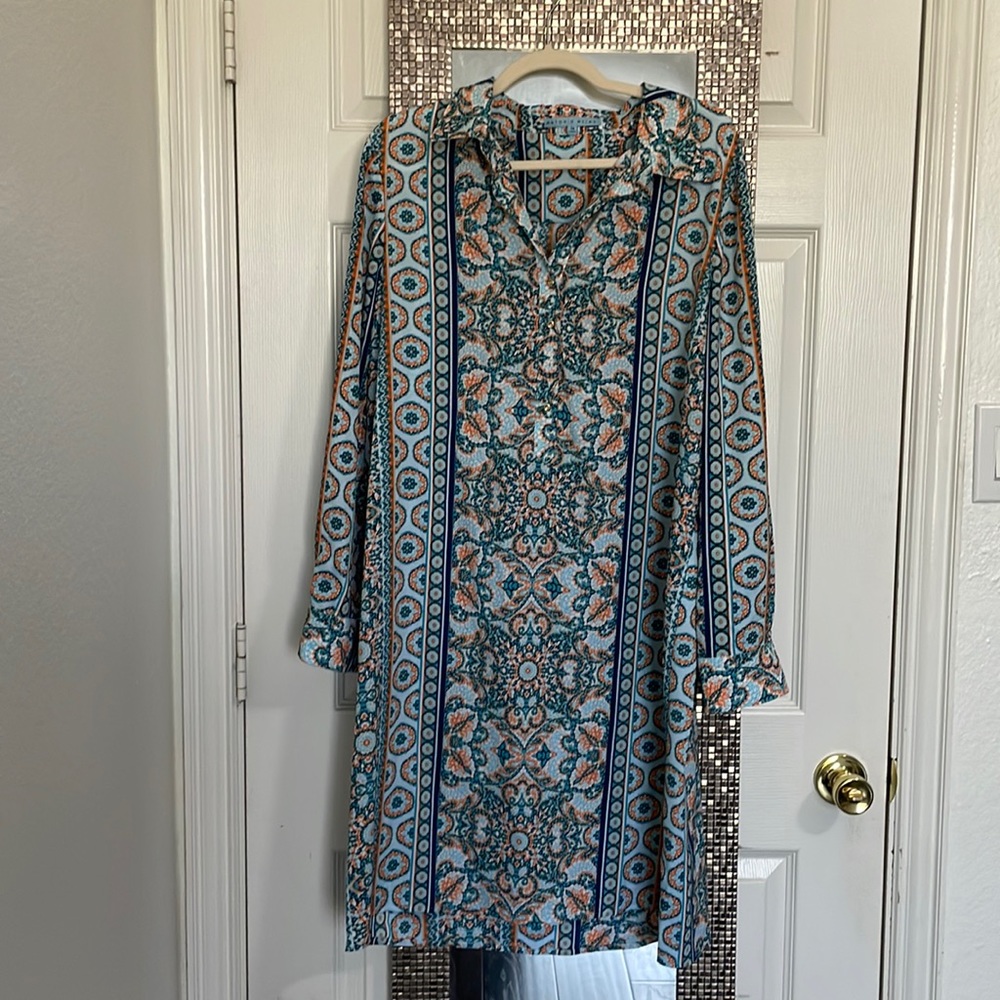 ANTONIO MELANI Blue and Peach Printed Long Sleeve Dress